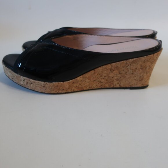 Womens Taryn Rose Selinda Black Patent Leather Peep Toe Cork Wedge Mule Heel 9.5 - Picture 3 of 13